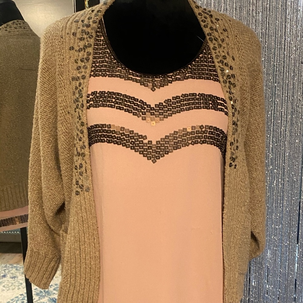 Tan cardigan with gold sequins
